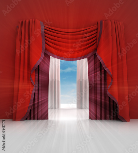 opened red curtain with blue sky flare
