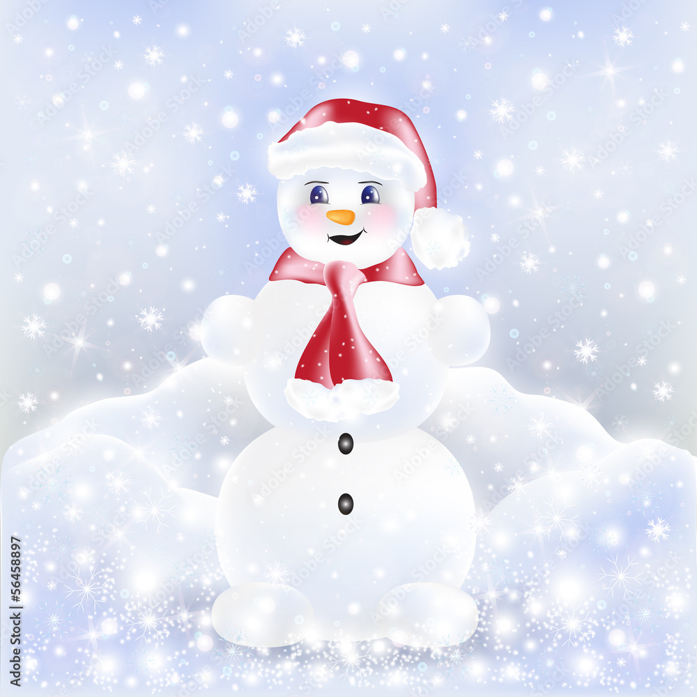 Snowman on the background of stars and snowflakes