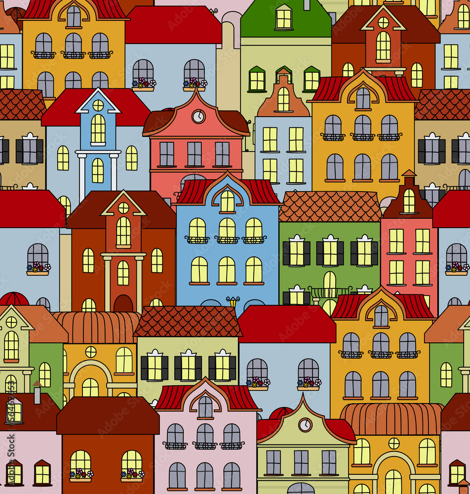 Seamless pattern with retro buildings and houses