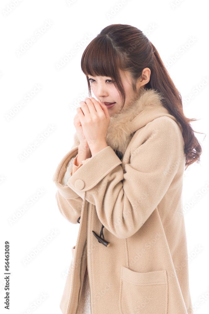 young asian woman wearing coat on white background