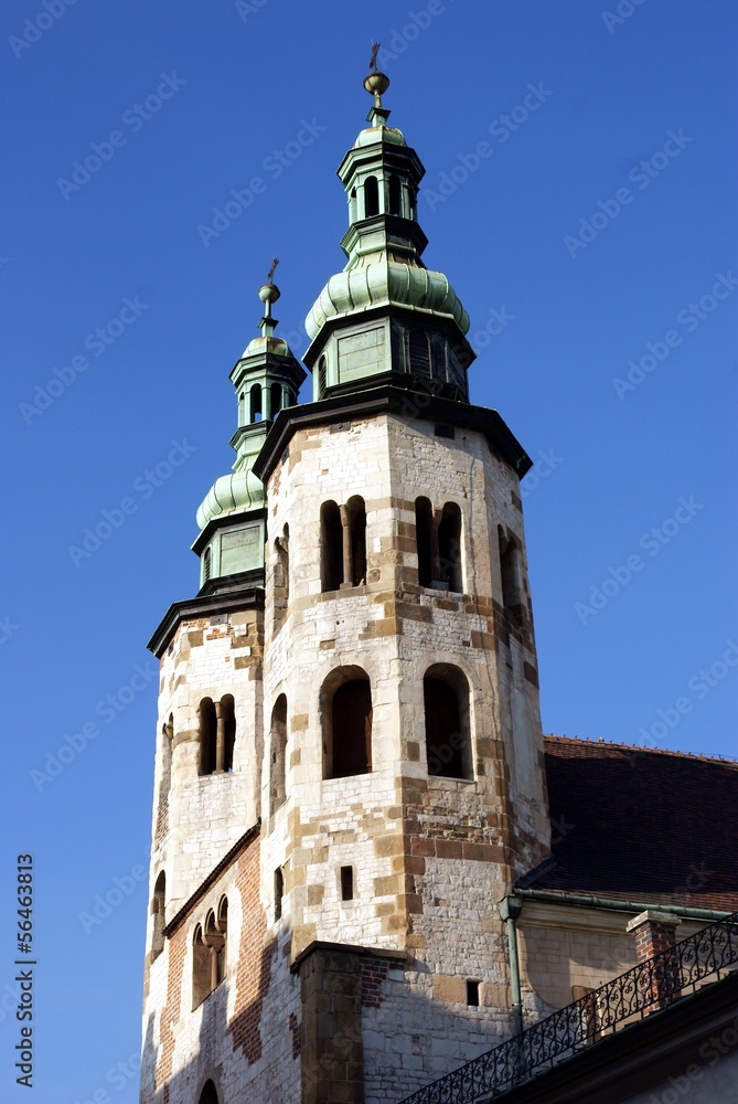 Towers of old romanesque styled church in Krakow