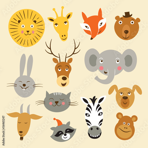 Heads of cartoon animals, vector set
