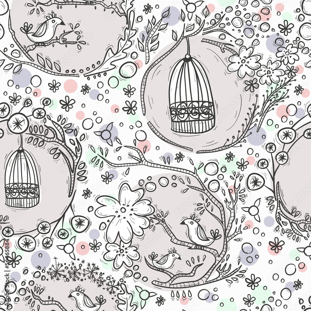 custom made wallpaper toronto digitalSeamless pattern with birdcages, flowers and birds.