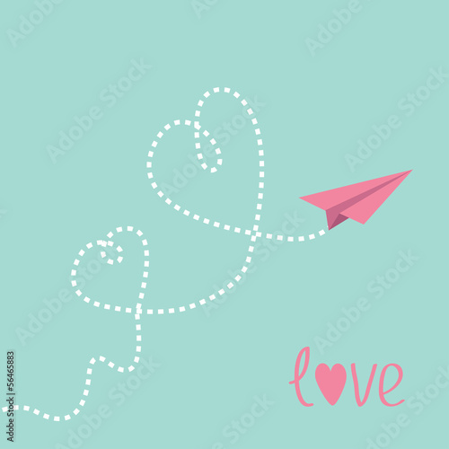 Origami paper plane. Two dash heart in the sky. Love card.