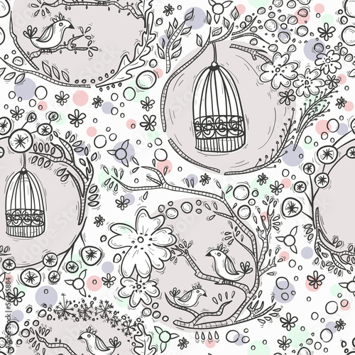 Seamless pattern with birdcages, flowers and birds.