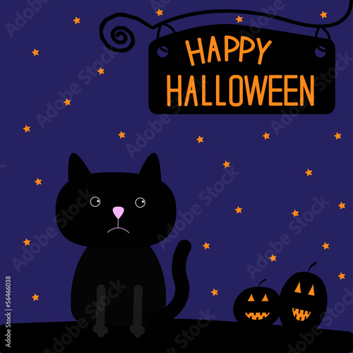 Happy Halloween black cat and pumpkins card.