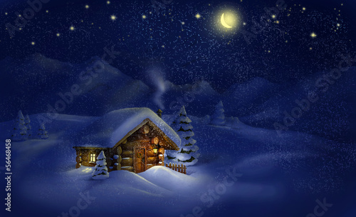 Christmas night landscape - hut, snow, pine trees, Moon photo