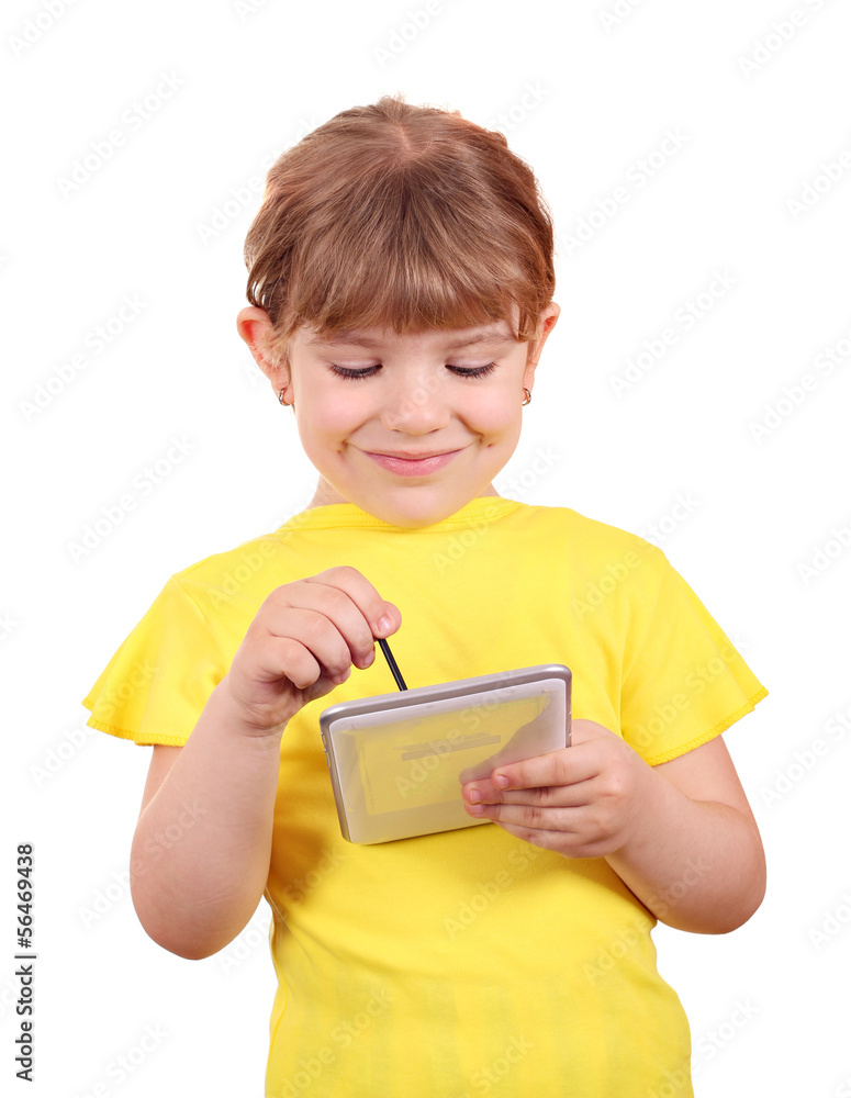 little girl play with tablet on white