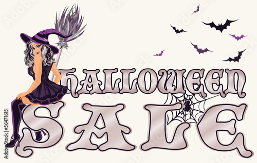 Halloween sale  with sexy witch, vector illustration