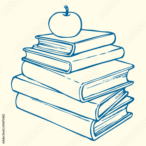 Vector outline illustration. Apple on books