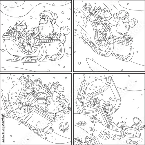 Santa Claus with Christmas presents slides down