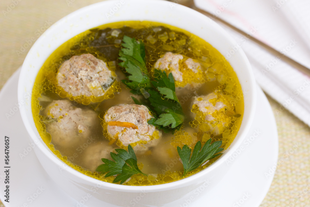 Plate of vegetable soup with meatballs Plate of vegetable soup with meatballs