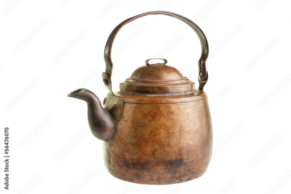 Antique hand forged copper coffee pot , isolated Antique hand forged copper coffee pot , isolated