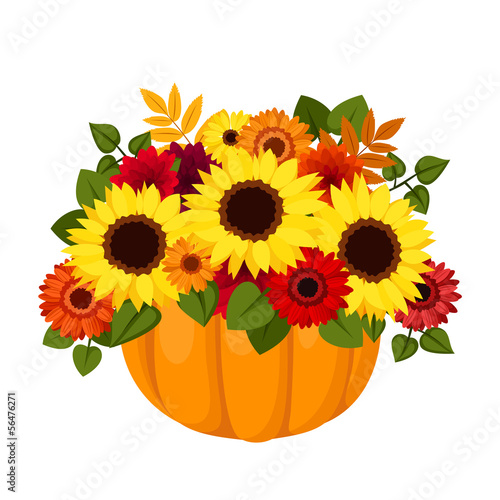 Fototapeta Naklejka Na Ścianę i Meble -  Autumn colorful flowers in pumpkin. Vector illustration.
