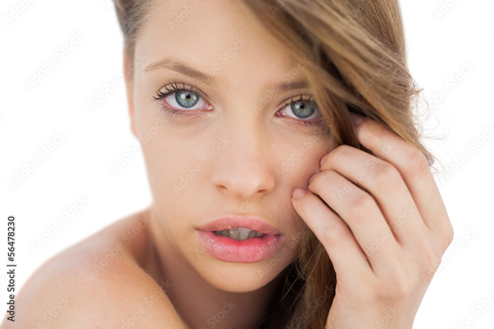 Anxious brunette model posing looking at camera Anxious brunette model posing looking at camera