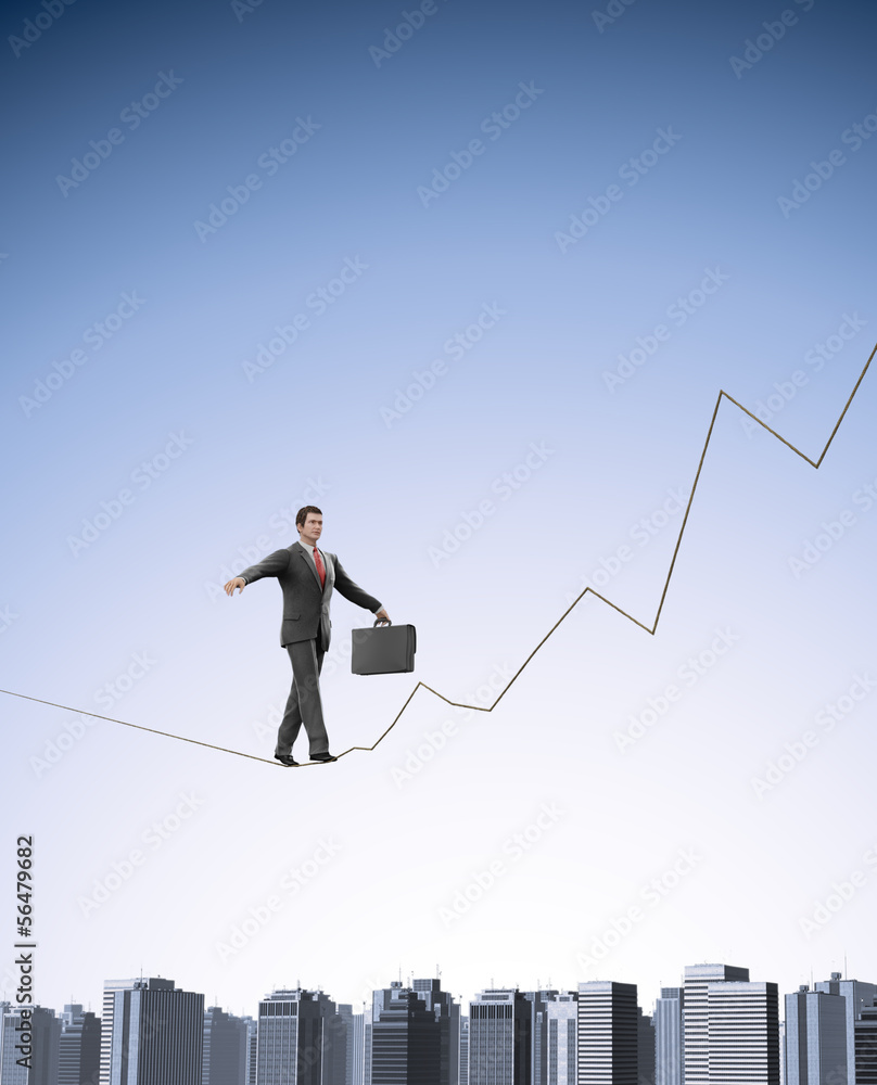 Businessman on a graph shaped tightrope Businessman on a graph shaped tightrope