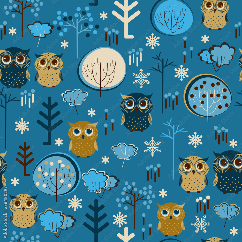 Naklejka premium Cute colorful seamless pattern with owsl and trees