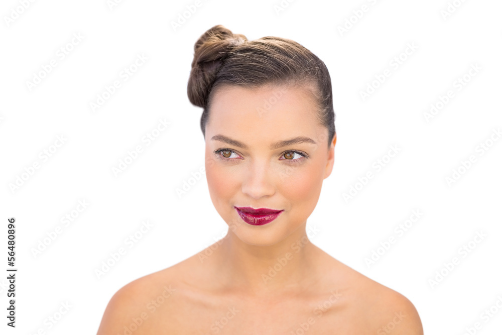 Pensive woman posing with red lips Pensive woman posing with red lips