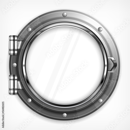 Boat round porthole seascape isolated on white, vector