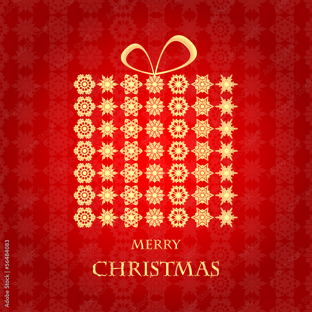 Naklejka premium Christmas background.Gift box made of gold snowflakes on a red b