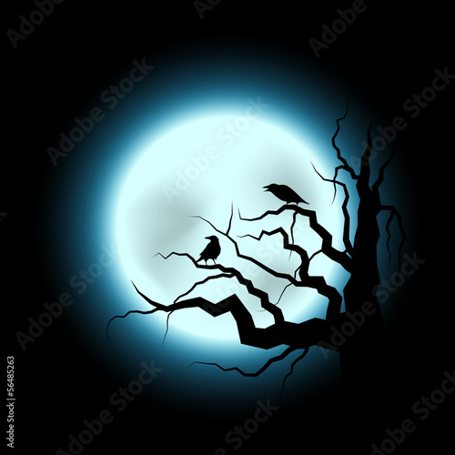 Halloween Illustration with Raven and Full Moon