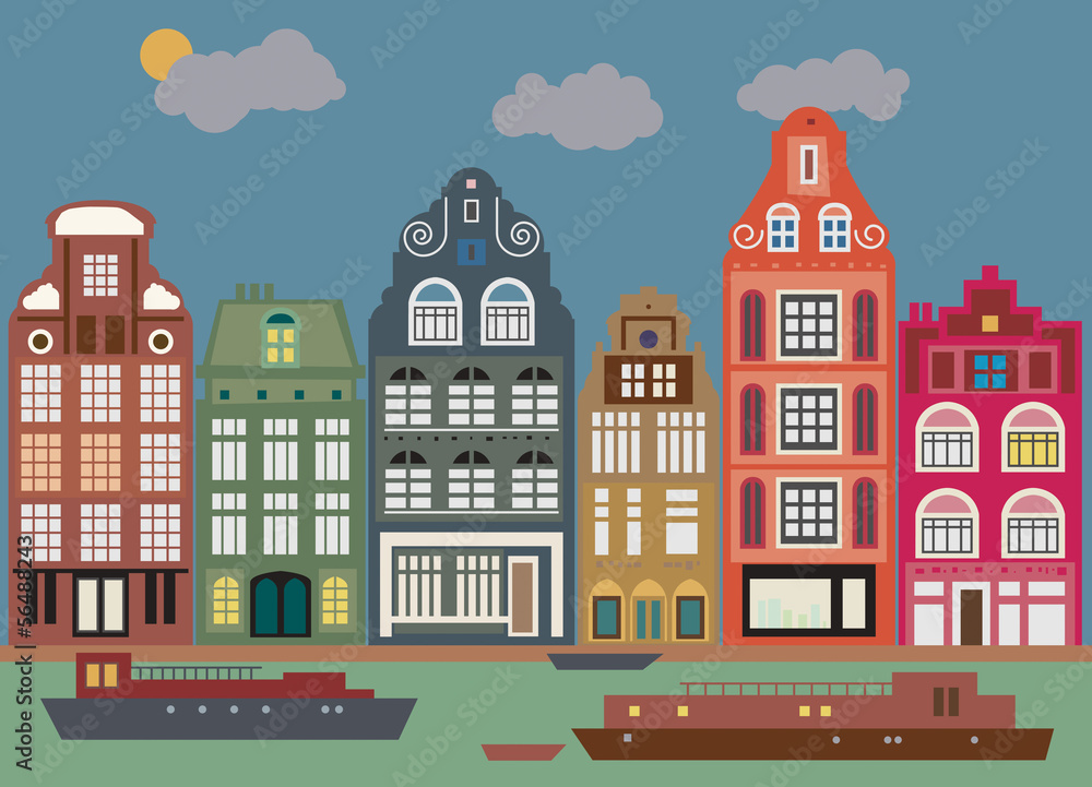 Buildings in Amsterdam, vector illustration