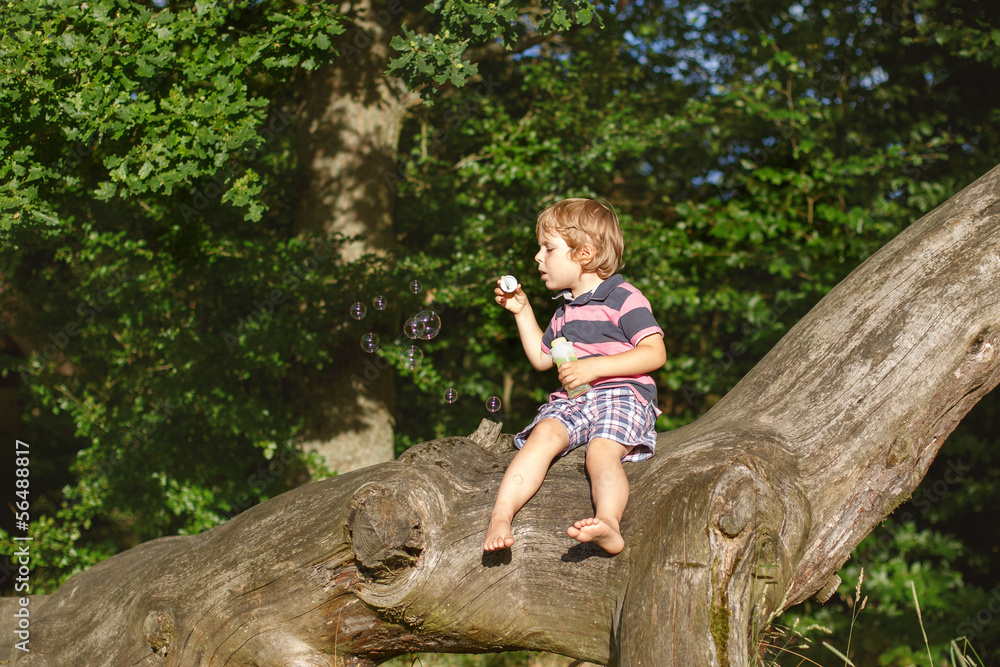 Little cute toddler boy playing with soap bubbles in forest Little cute toddler boy playing with soap bubbles in forest