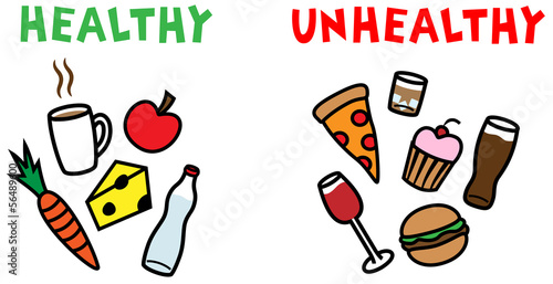 healthy and unhealthy food and drinks