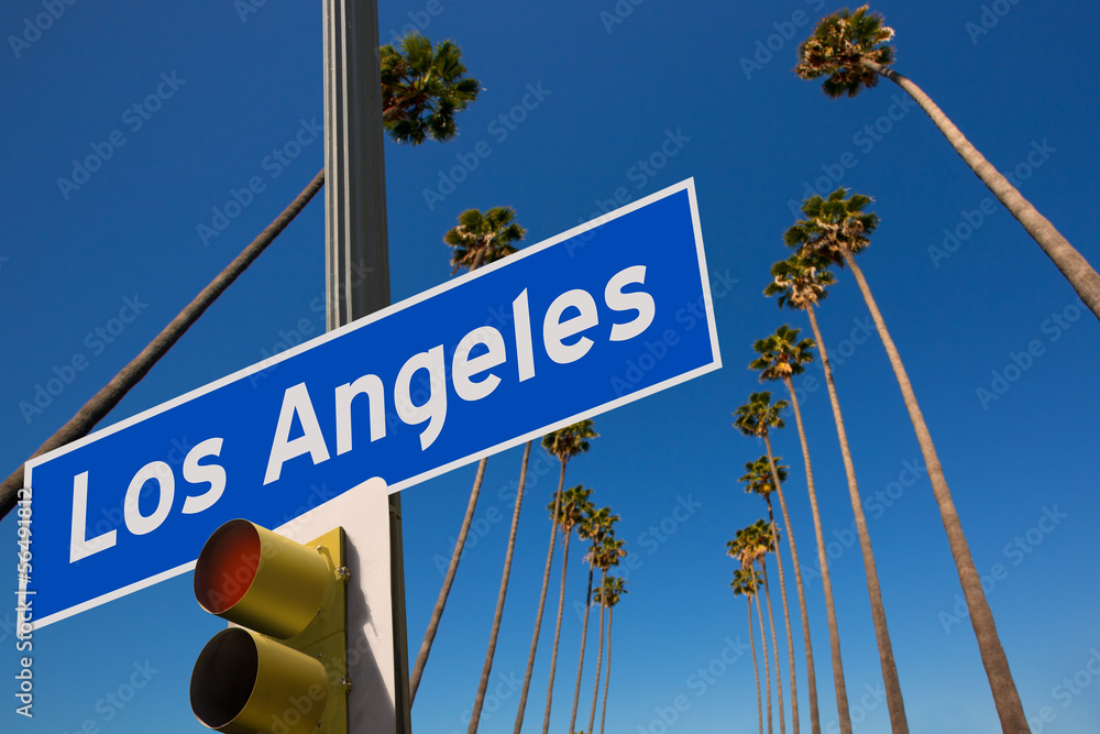 Fototapeta premium LA Los Angeles palm trees in a row road sign photo mount