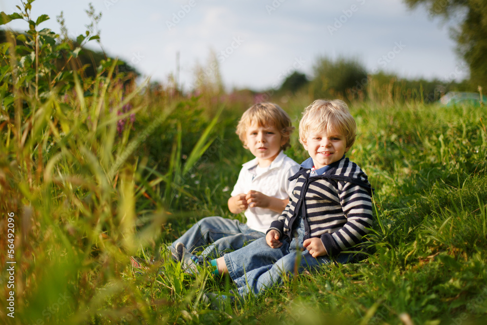 Two little brother boys playing near forest lake on summer eveni Two little brother boys playing near forest lake on summer eveni