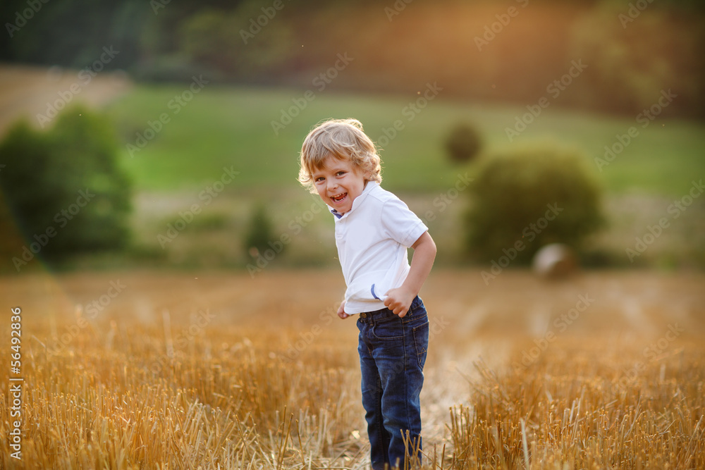Cute blond little boy having fun on yellow hay field