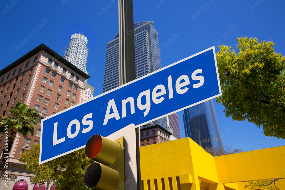 Fototapeta premium LA Los Angeles sign in redlight photo mount on downtown