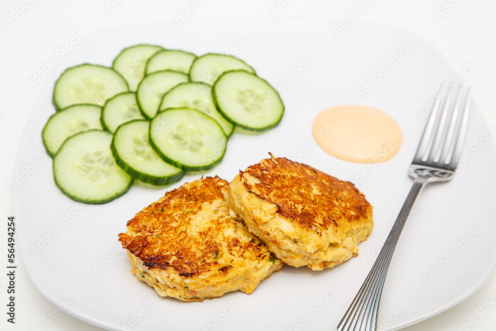 Fried Crab Cakes with Sliced Cucumbers Fried Crab Cakes with Sliced Cucumbers