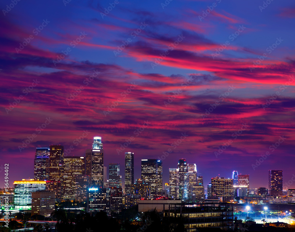 Obraz premium Downtown LA night Los Angeles sunset skyline California