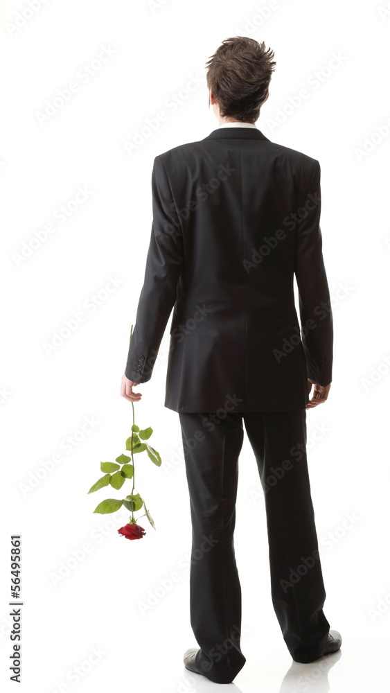 Young man, flower, red rose isolated Young man, flower, red rose isolated