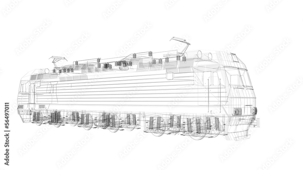3d  wire frame locomotive model isolated on white background