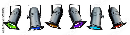 Isolated colored theatrical lights or stage spotlights photo
