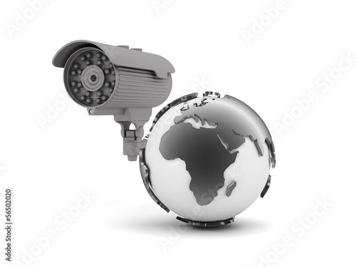 Security camera and earth globe on white background