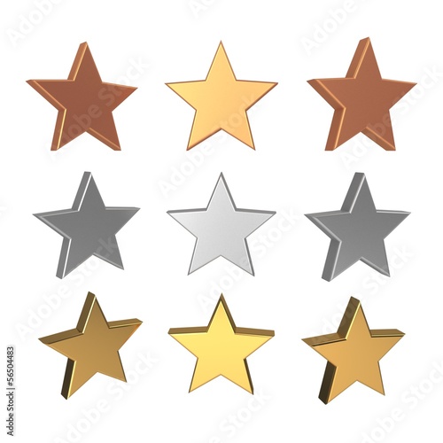 3d set of gold, silver and bronze stars