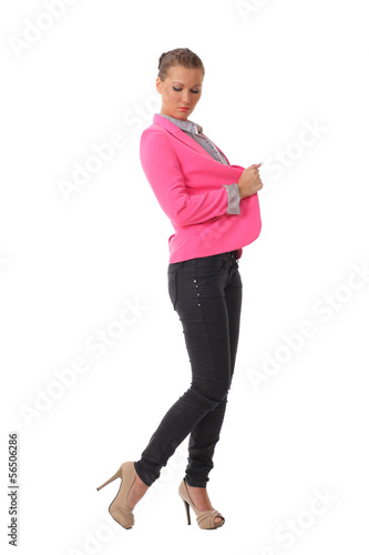 beautiful young woman posing in a jacket