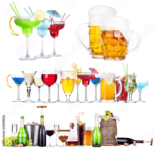 different alcohol drinks set isolated