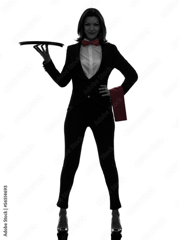 woman waiter butler holding empty tray silhouette woman waiter butler holding empty tray silhouette