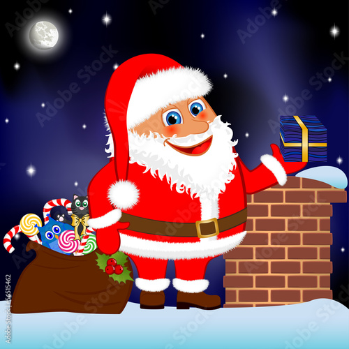 Klasus Santa with a bag gifts on roof