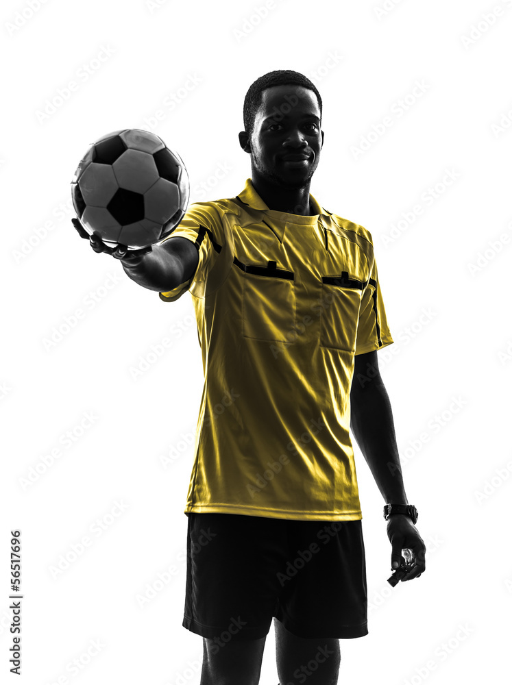 one african man referee standing holding showing football silhou