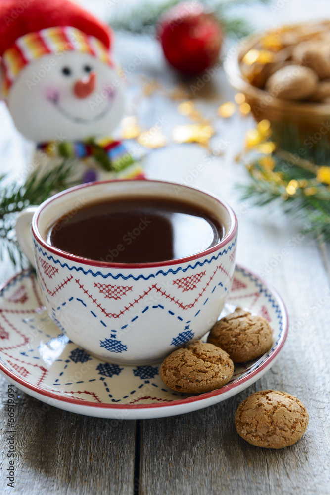 Fototapeta premium New year cup of hot chocolate and cookies