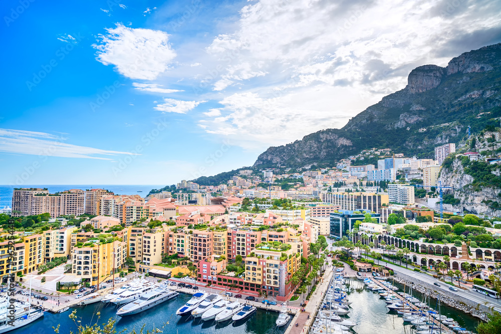 Monaco Montecarlo aerial view cityscape. Azure coast. France