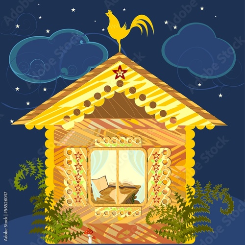 Peasant's house with window shutters open at night