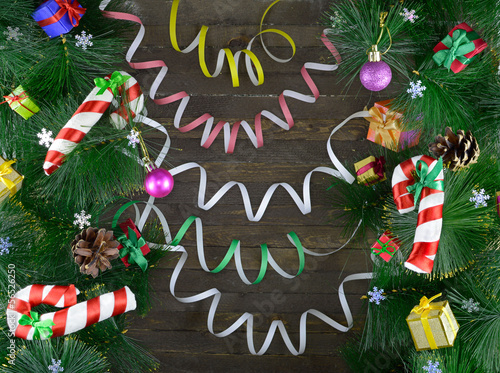Christmas background with conifer and toys 2