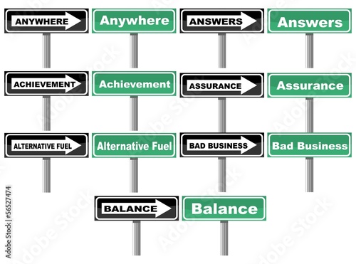 Traffic signs with words about assurance and balance