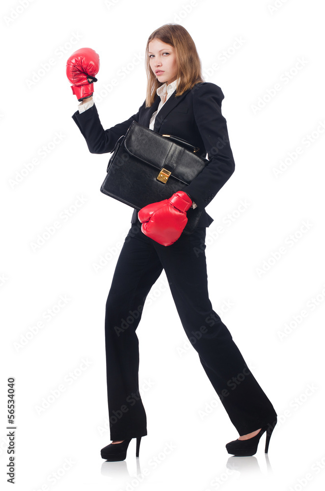 Woman businesswoman with boxing gloves on white Woman businesswoman with boxing gloves on white